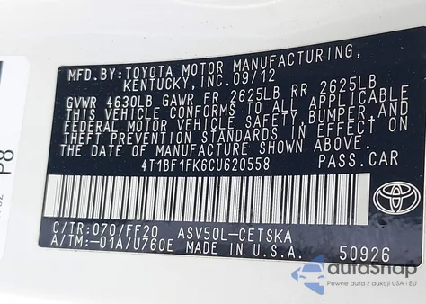 2012 Toyota Camry Se Limited Edition from USA, damaged, VIN 4T1BF1FK6CU620558